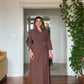 DRAPED BROOCH DETAIL LONG DRESS - BROWN