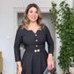 MIDI DRESS WITH GOLD BUTTON AND BELT DETAIL – BLACK