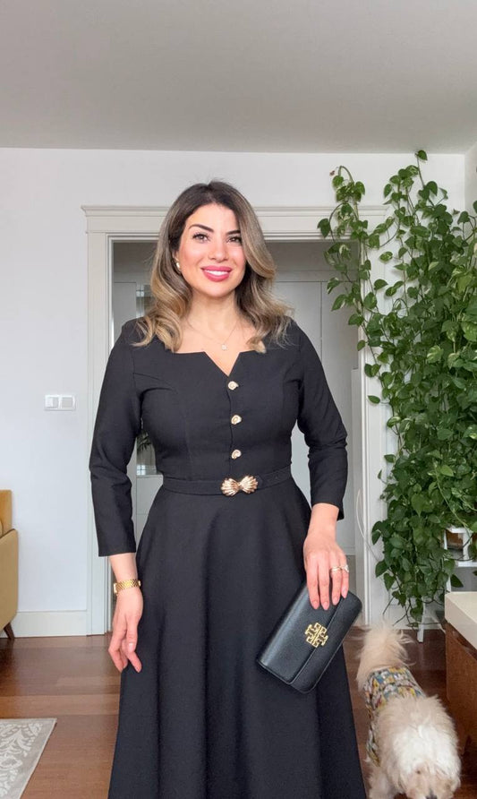 MIDI DRESS WITH GOLD BUTTON AND BELT DETAIL – BLACK
