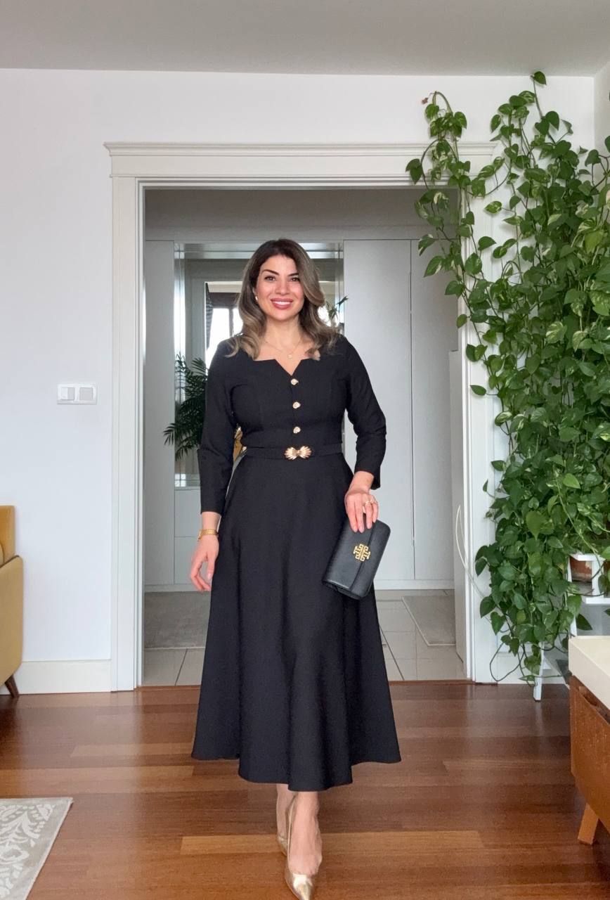 MIDI DRESS WITH GOLD BUTTON AND BELT DETAIL – BLACK