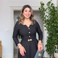 MIDI DRESS WITH GOLD BUTTON AND BELT DETAIL – BLACK