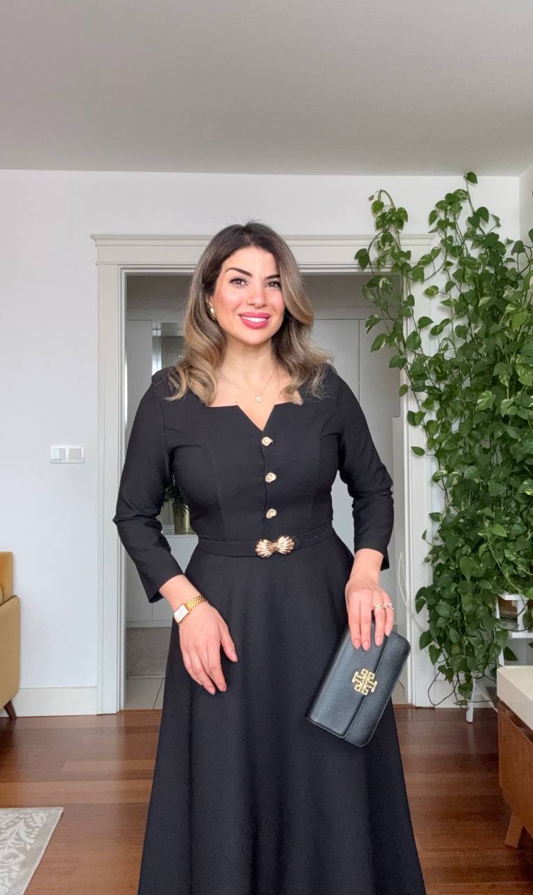 MIDI DRESS WITH GOLD BUTTON AND BELT DETAIL – BLACK