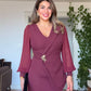 BUCKLE DETAIL ASYMMETRICAL CUT MIDI DRESS – BURGUNDY