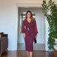 BUCKLE DETAIL ASYMMETRICAL CUT MIDI DRESS – BURGUNDY