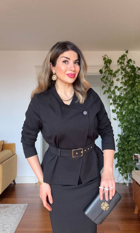 BELTED JACKET & SKIRT SET – BLACK