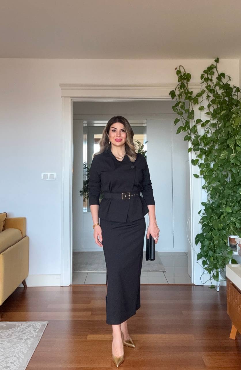 BELTED JACKET & SKIRT SET – BLACK