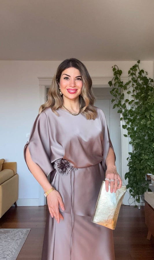 SATIN FABRIC BATWING SLEEVE BELT-TIED SET – DUSTY ROSE