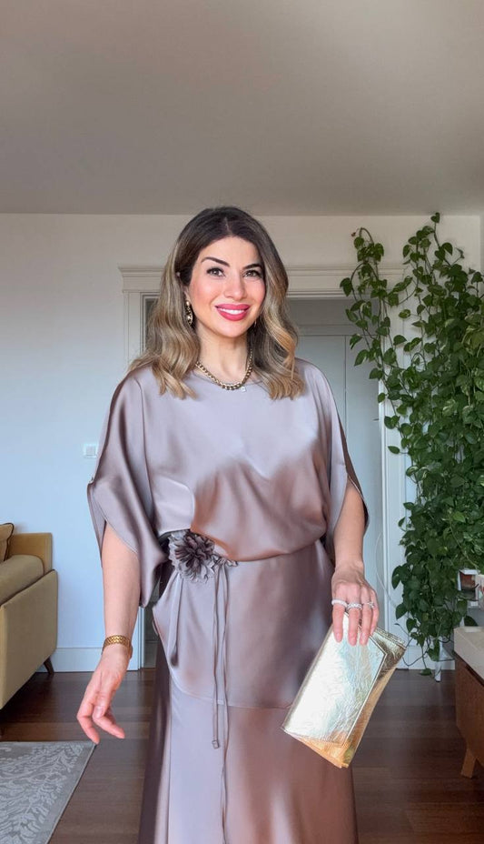 SATIN FABRIC BATWING SLEEVE BELT-TIED SET – DUSTY ROSE