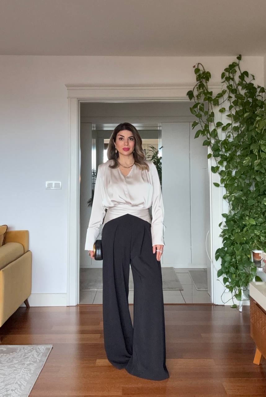 SATIN BLOUSE & WIDE LEG TROUSERS ELEGANT SET – BEIGE & BLACK