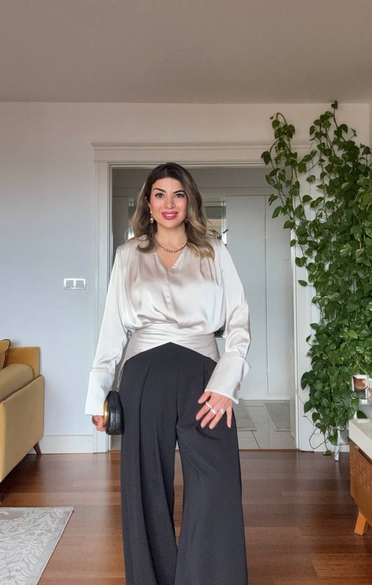 SATIN BLOUSE & WIDE LEG TROUSERS ELEGANT SET – BEIGE & BLACK