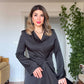 WAIST DRAPED LONG SLEEVE MAXI DRESS – BLACK