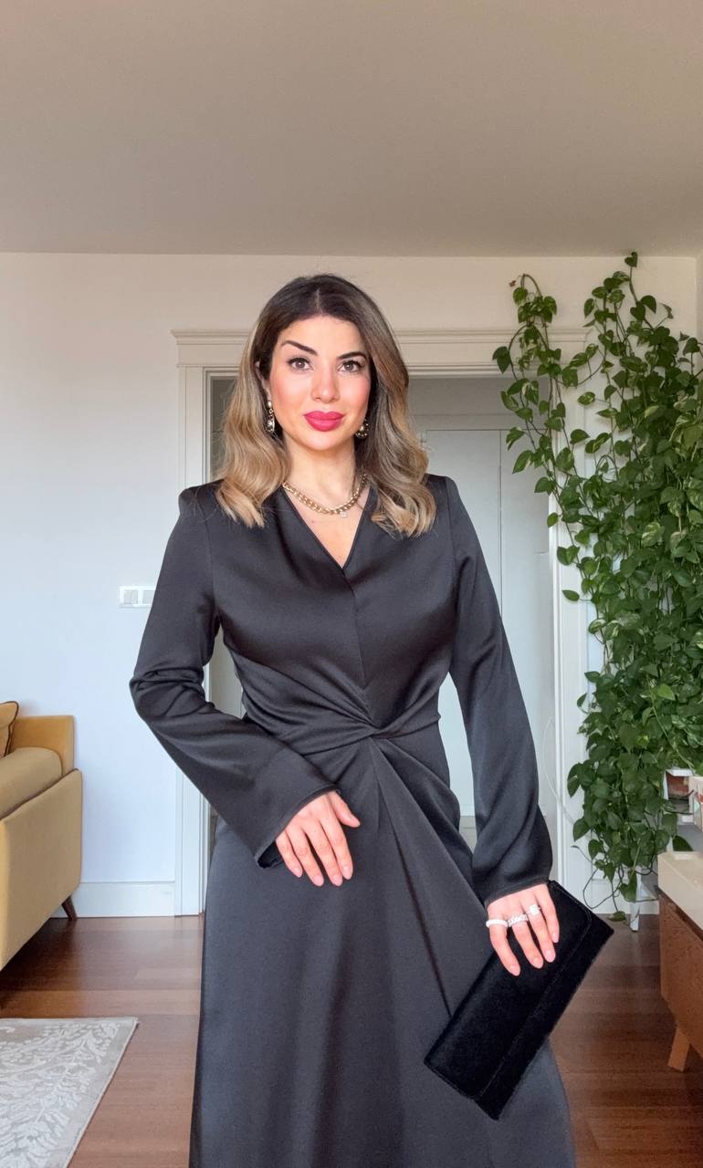 WAIST DRAPED LONG SLEEVE MAXI DRESS – BLACK