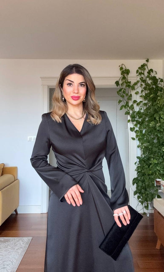 WAIST DRAPED LONG SLEEVE MAXI DRESS – BLACK