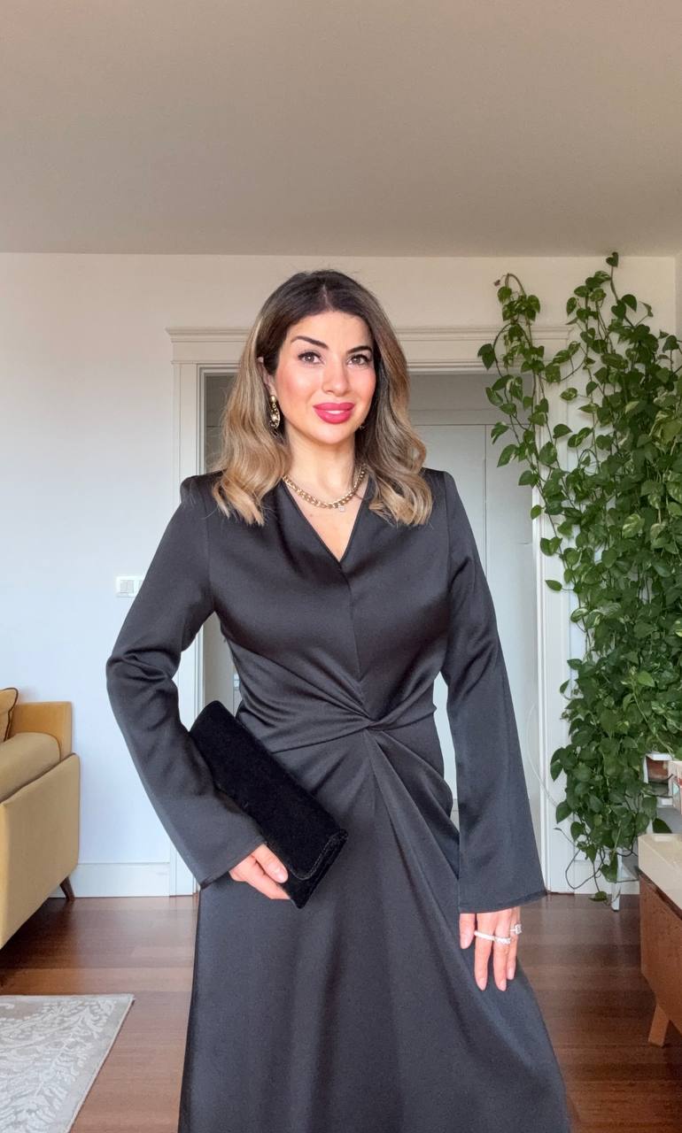 WAIST DRAPED LONG SLEEVE MAXI DRESS – BLACK