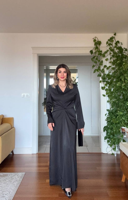 WAIST DRAPED LONG SLEEVE MAXI DRESS – BLACK