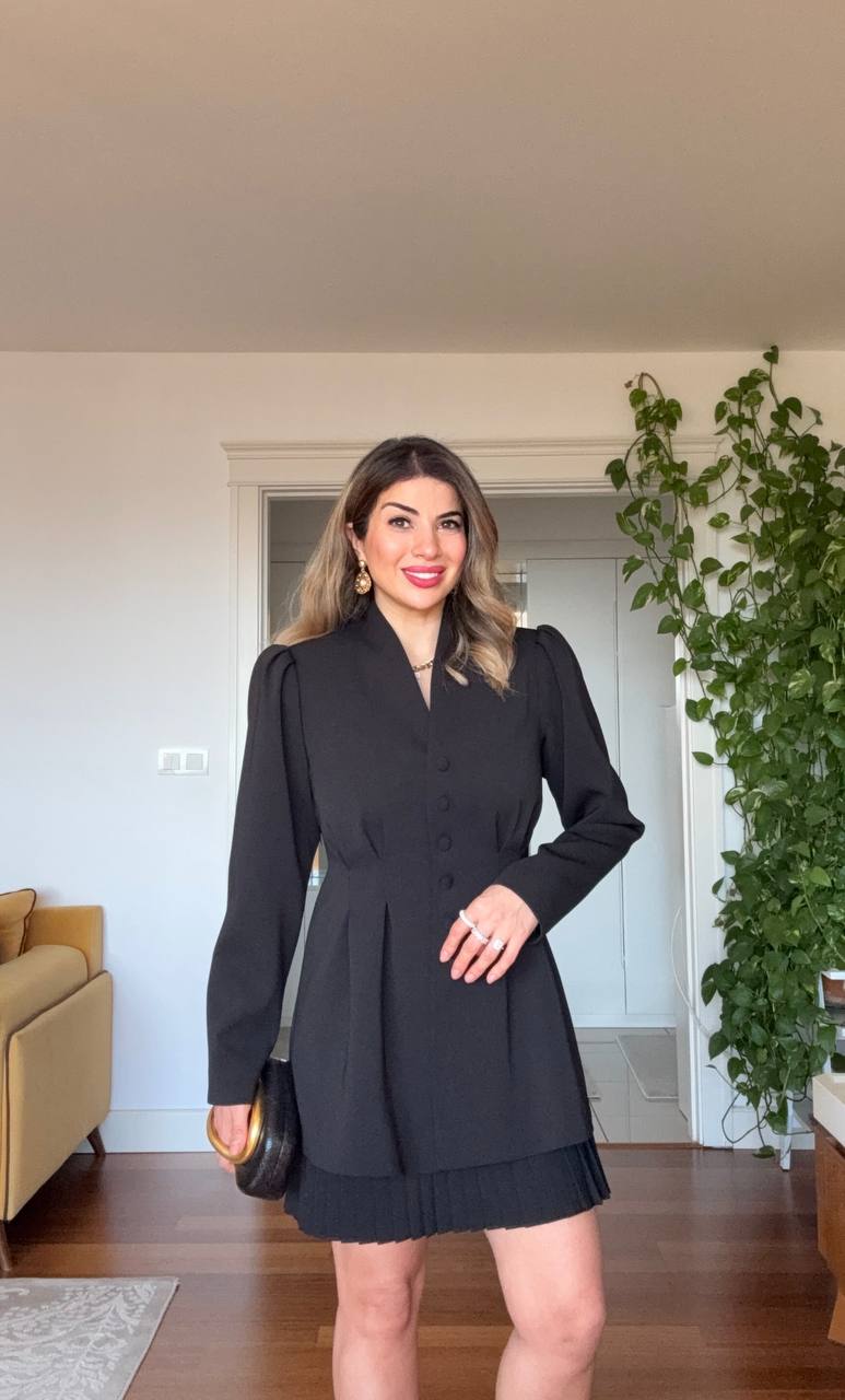BUTTON DETAIL BLAZER-STYLE MINI DRESS – BLACK