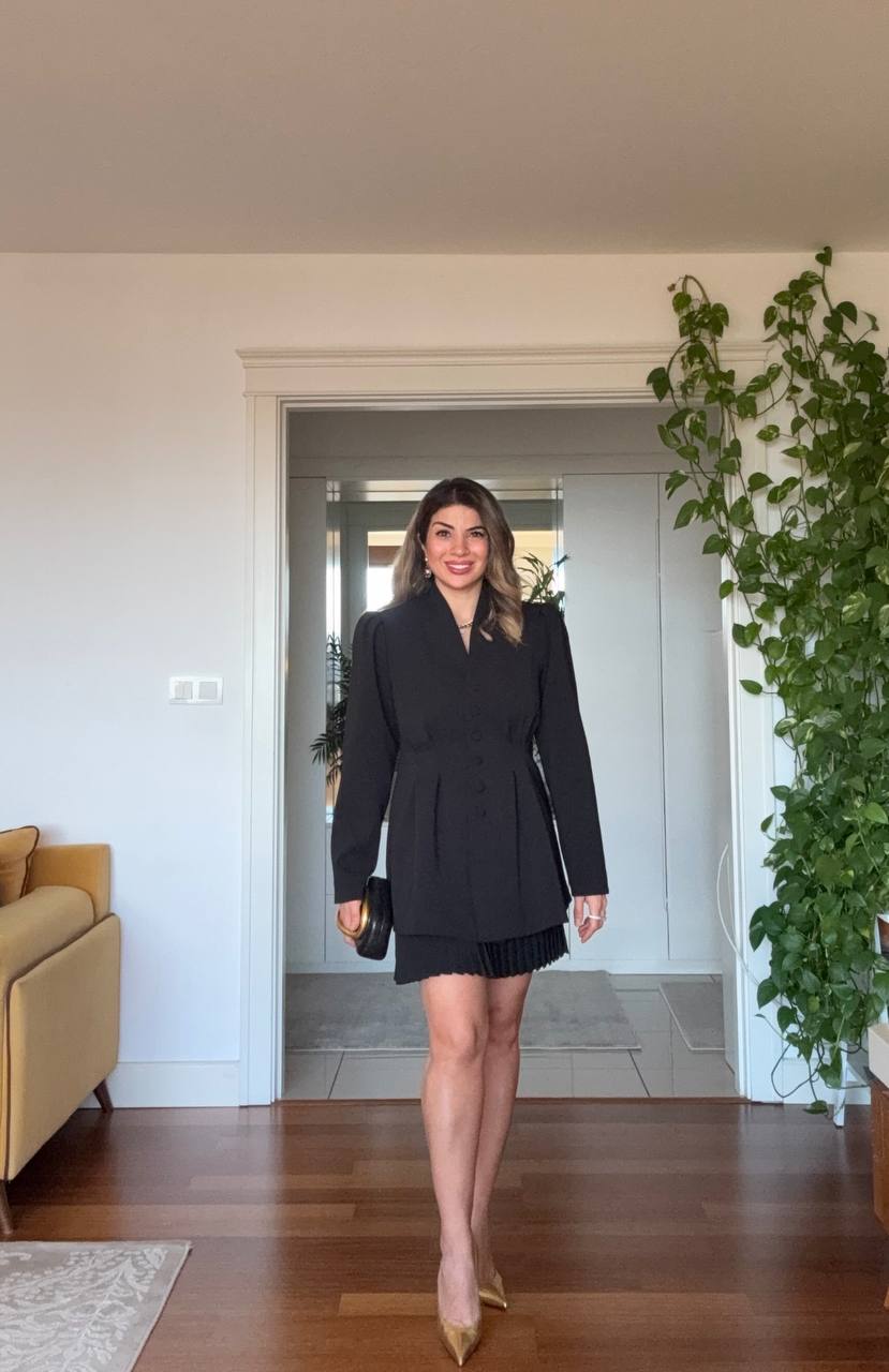 BUTTON DETAIL BLAZER-STYLE MINI DRESS – BLACK