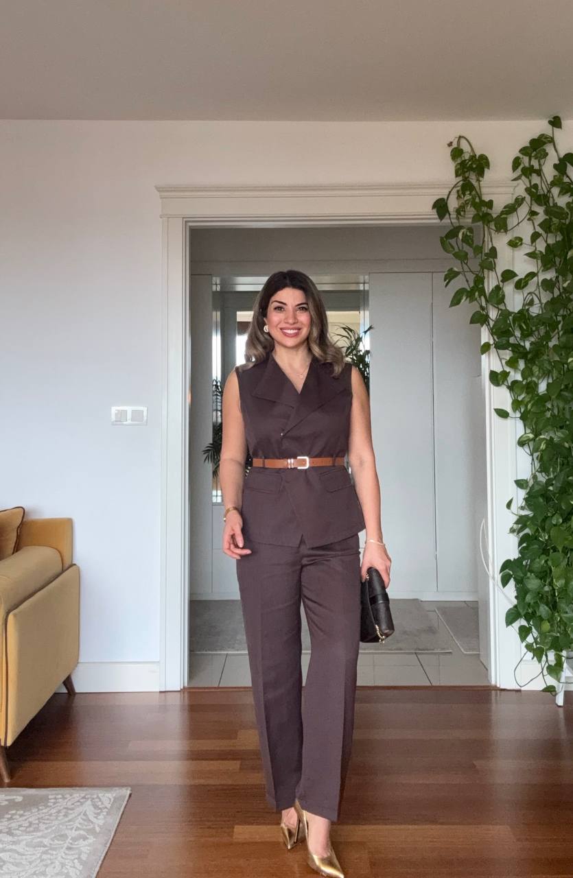 BELTED DOUBLE-BREASTED VEST & TROUSERS ELEGANT SET – BROWN