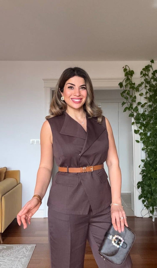 BELTED DOUBLE-BREASTED VEST & TROUSERS ELEGANT SET – BROWN