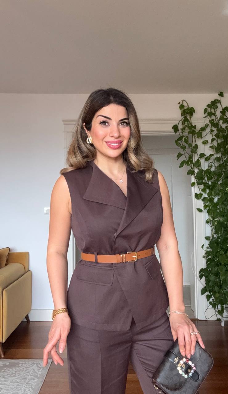 BELTED DOUBLE-BREASTED VEST & TROUSERS ELEGANT SET – BROWN