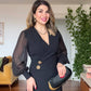 GOLD BUTTON DETAILED CHIFFON SLEEVE ASYMMETRICAL CUT ELEGANT DRESS – BLACK