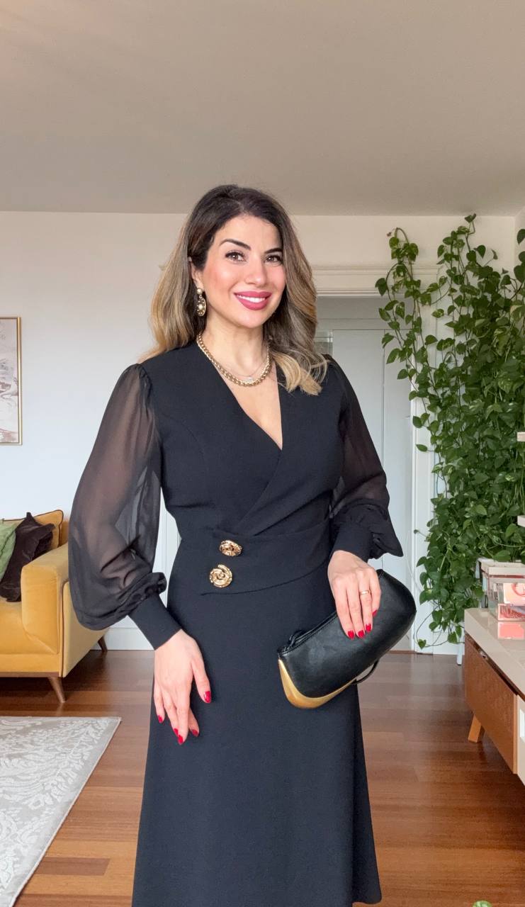 GOLD BUTTON DETAILED CHIFFON SLEEVE ASYMMETRICAL CUT ELEGANT DRESS – BLACK