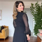 GOLD BUTTON DETAILED CHIFFON SLEEVE ASYMMETRICAL CUT ELEGANT DRESS – BLACK