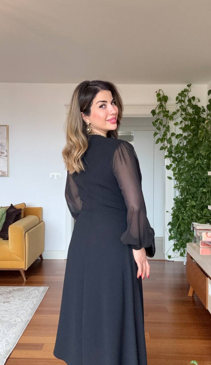 GOLD BUTTON DETAILED CHIFFON SLEEVE ASYMMETRICAL CUT ELEGANT DRESS – BLACK