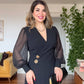 GOLD BUTTON DETAILED CHIFFON SLEEVE ASYMMETRICAL CUT ELEGANT DRESS – BLACK