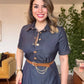 BUTTONED DENIM DRESS WITH BELT AND CHAIN DETAIL – NAVY BLUE