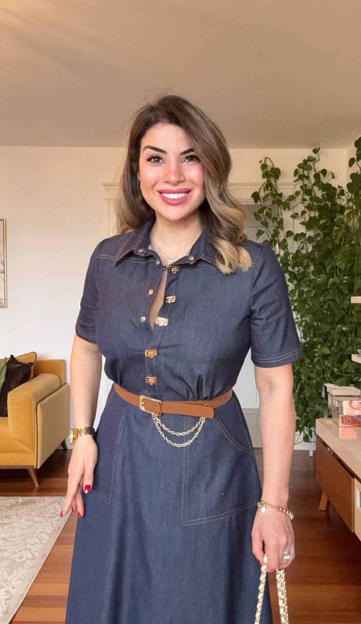 BUTTONED DENIM DRESS WITH BELT AND CHAIN DETAIL – NAVY BLUE