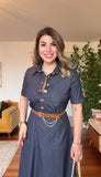 BUTTONED DENIM DRESS WITH BELT AND CHAIN DETAIL – NAVY BLUE