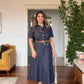 BUTTONED DENIM DRESS WITH BELT AND CHAIN DETAIL – NAVY BLUE