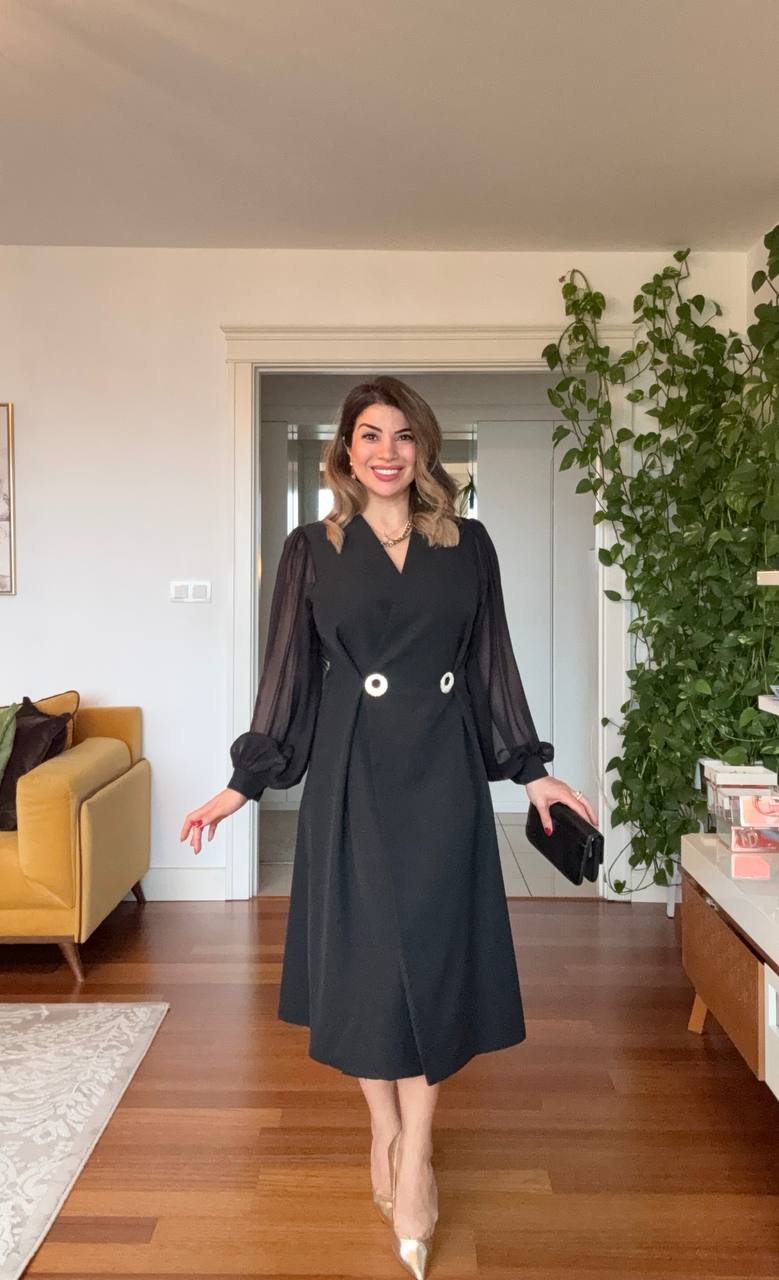 GOLD BUTTON DETAILED CHIFFON SLEEVE WRAP NECK MIDI DRESS – BLACK