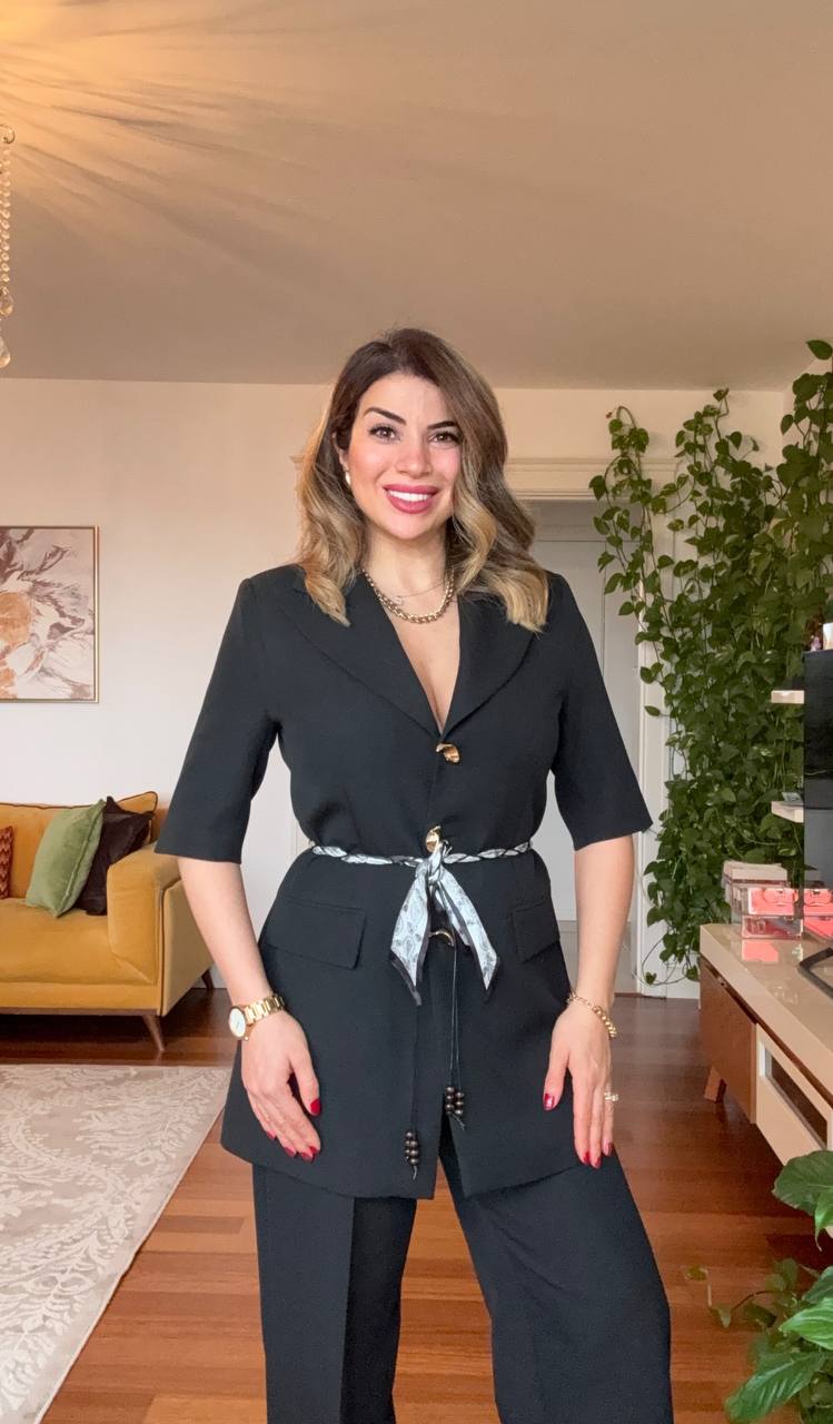 GOLD BUTTON DETAILED BELTED BLAZER PANTS SET - BLACK