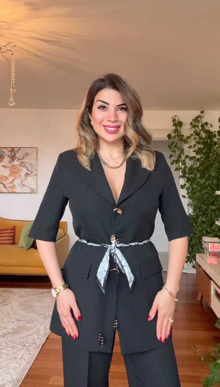 GOLD BUTTON DETAILED BELTED BLAZER PANTS SET - BLACK