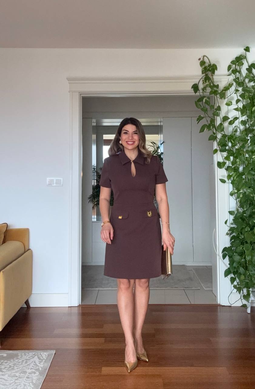 GOLD ACCESSORY DETAILED COLLAR CUT-OUT DRESS – BROWN