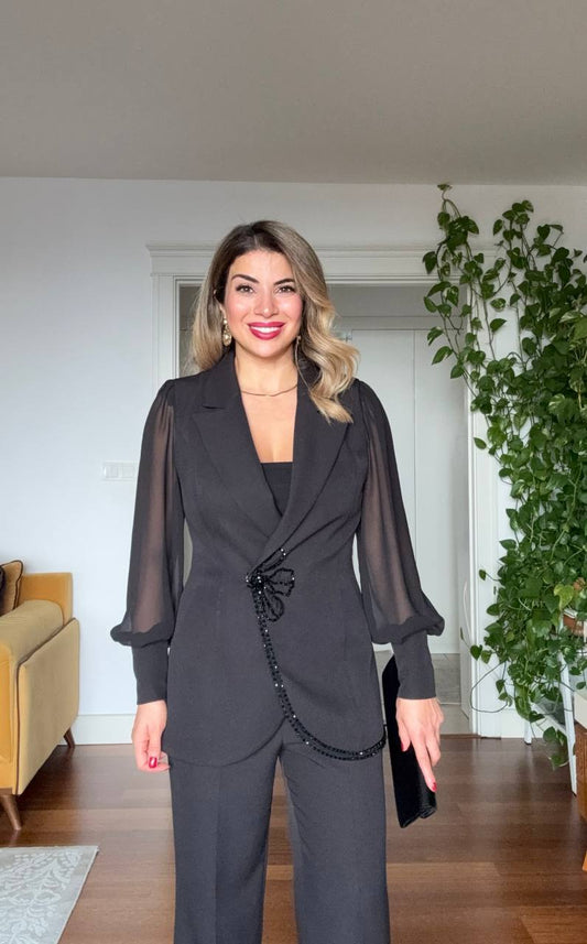 STONE-EMBELLISHED CHIFFON SLEEVE SUIT - BLACK