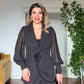 STONE-EMBELLISHED CHIFFON SLEEVE SUIT - BLACK