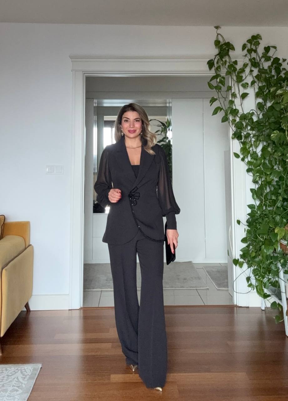 STONE-EMBELLISHED CHIFFON SLEEVE SUIT - BLACK