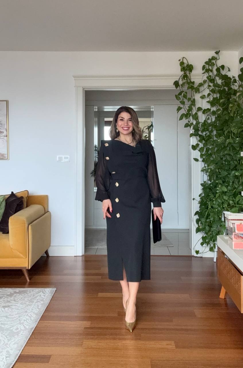 GOLD BUTTON DETAILED CHIFFON SLEEVE MIDI DRESS – BLACK