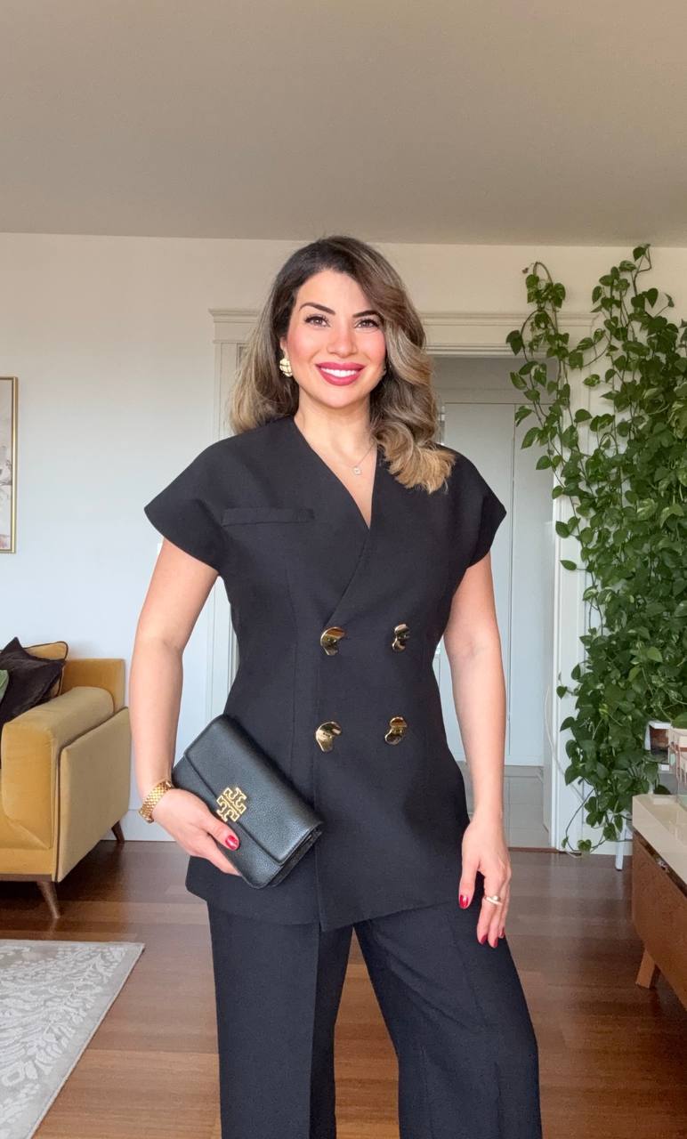 GOLD BUTTON DETAILED WRAP VEST & TROUSERS SET – BLACK