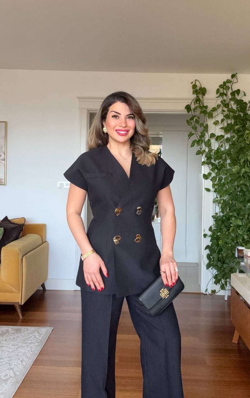 GOLD BUTTON DETAILED WRAP VEST & TROUSERS SET – BLACK