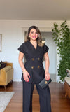 GOLD BUTTON DETAILED WRAP VEST & TROUSERS SET – BLACK