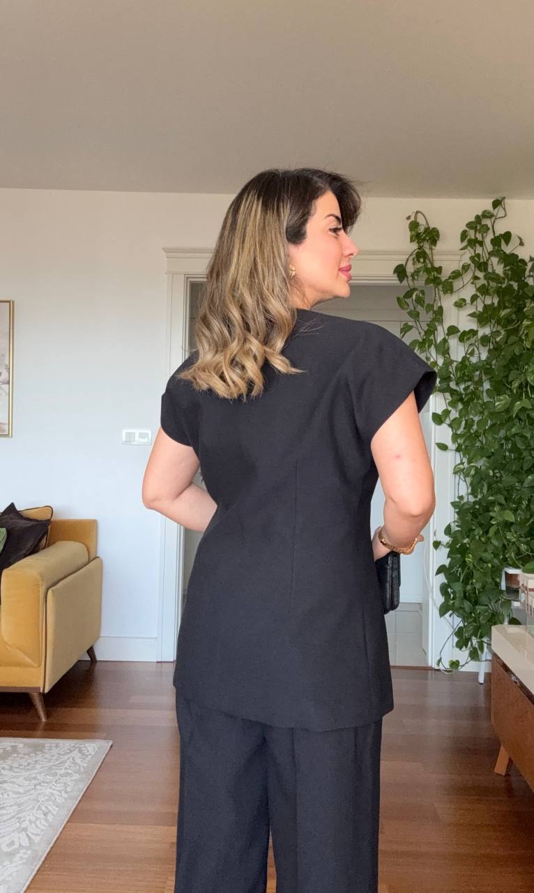 GOLD BUTTON DETAILED WRAP VEST & TROUSERS SET – BLACK