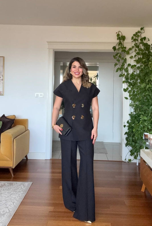 GOLD BUTTON DETAILED WRAP VEST & TROUSERS SET – BLACK