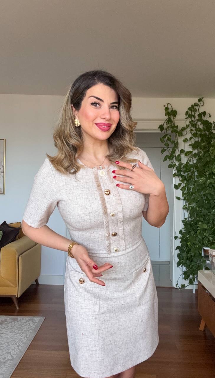 GOLD BUTTON DETAILED LINEN-TEXTURED MINI DRESS – BEIGE