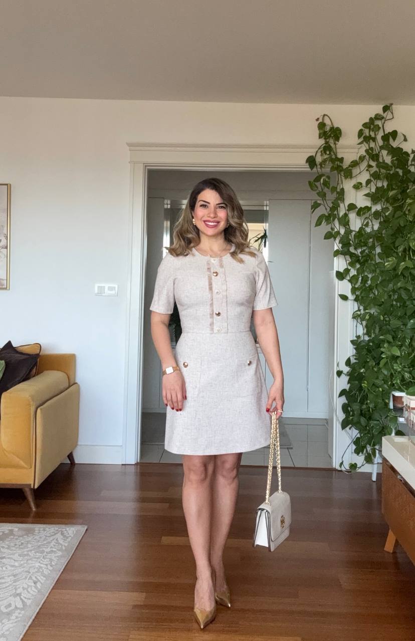 GOLD BUTTON DETAILED LINEN-TEXTURED MINI DRESS – BEIGE