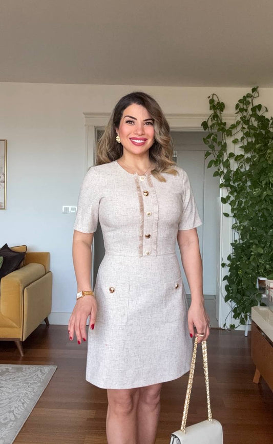 GOLD BUTTON DETAILED LINEN-TEXTURED MINI DRESS – BEIGE