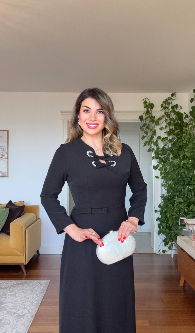 STONE-EMBELLISHED CUT-OUT NECK BELTED MAXI DRESS – BLACK